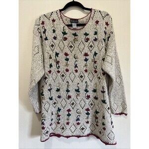 VTG Women’s Sweater Flowers Grannycore Spring Crochet L